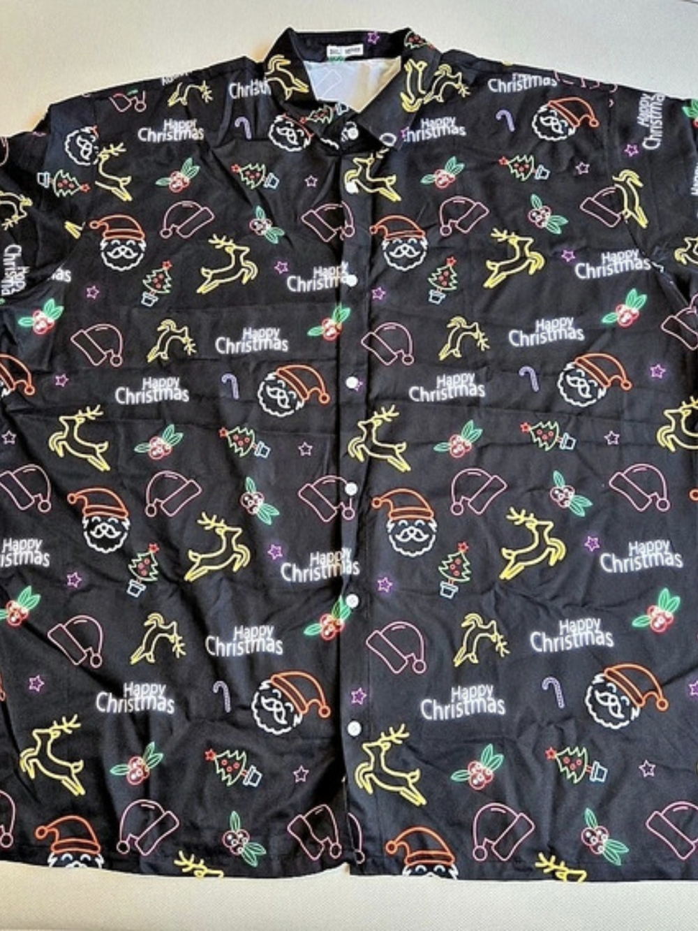 Men's 3XL Christmas Shirt Short Sleeve Button Down Neon Sign Santa Reindeer NEW